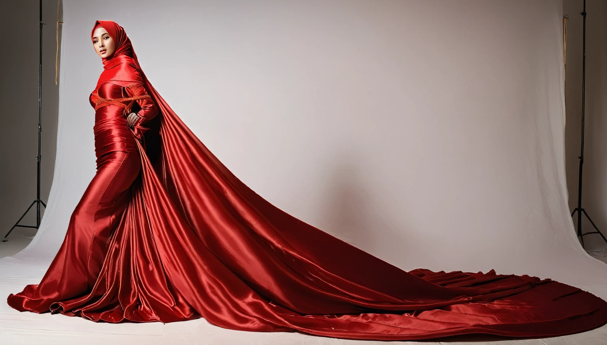 A woman shrouded in a 10-meter-long, plush red satin cloth, tightly bound and grandly draping along the form of her body, flowing off into a pooled floor-length train, styled in a mermaid-inspired outfit, her head modestly veiled in a satin hijab, tall woman, walking in photo studio, a full-body pose posing in front of people, captured in a 4k resolution, ultra-realistic