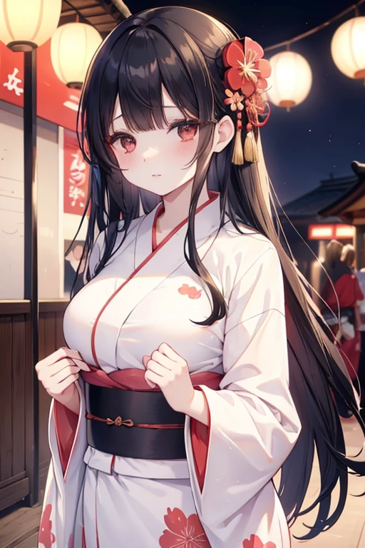Beautiful woman、(wearing beautiful Yukata)、Medium breasts、Black hair cuticle、Long hair、Long bangs、Beautiful brown eyes、Natural lip color、Spoiled、Shy、Makes the face bright red、Summer festival、evening ,crowd