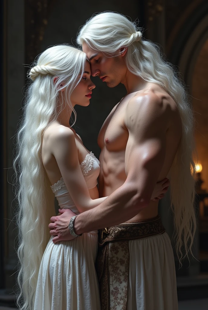 Make a young girl with long white hair, pale white skin, purple eyes, the curvature of your body is very attractive
Next to her is a man, tall, strong, big white-haired, purple-eyed, the man is extremely handsome and attractive
she is very short compared to him
The two are in a medieval era room while having sex, she is naked, he is also naked, his huge big dick is entering her vagina