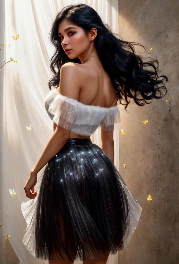 (Photo realistic, dog and wolf time), Healthy young woman of 20 years old, Back view of full body, Short shiny black hair, Focus on toned muscular body_ Muscular body: 1.4, Butterfly tattoo flying on wildflowers on back_ Colorful, (Off-shoulder fashion made of light, Wearing fluffy skirt made of light, Like heavenly light, Magic effect), Full body close-up from bottom up, (Highest quality, 4K, 8K, High resolution, Masterpiece: 1.2), Highly detailed, (Photo realistic: 1.37), Portrait, High contrast, Cinematic, Spacious interior, View overlooking skyscrapers,