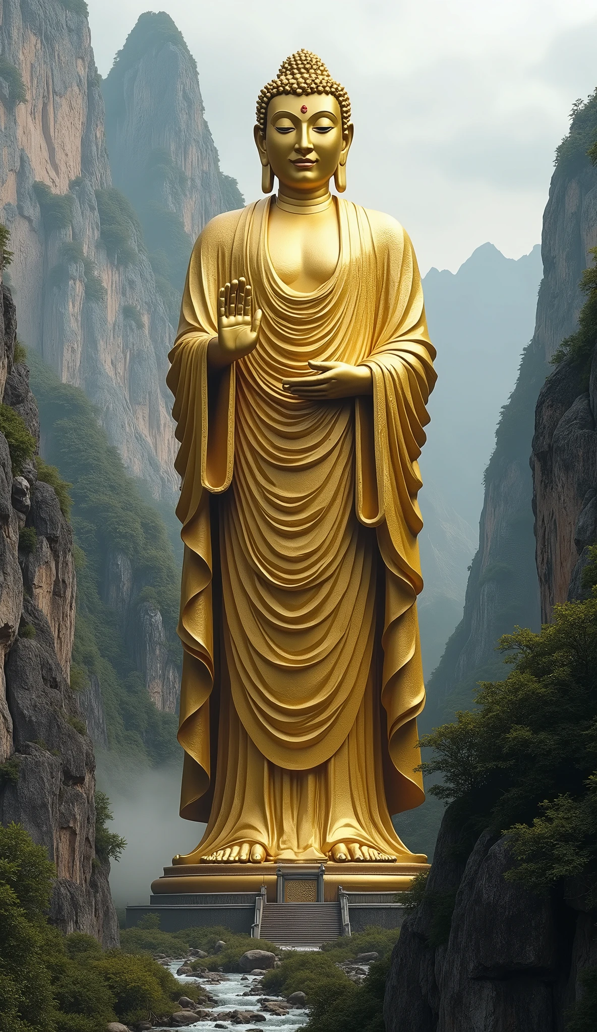 Masterpiece, Ultra-Detailed, High Definition, Expensive Resolution, HDR, Cinematic Lighting. A colossal golden Buddha statue, carved with incredible detail and precision, towering majestically among towering mountain peaks. The statue exudes an aura of serenity and spiritual presence, its golden face radiating calmness and wisdom. The mountains surrounding the statue are rugged and ancient, with mist gently rising from the valleys, adding an ethereal atmosphere to the scene. The textures of the golden surface are intricately detailed, capturing the shine and reflections of the gold under the natural light. The statue's golden robe flows naturally, with every fold and crease carefully rendered. The scene is illuminated by soft, natural light, with shadows playing across the statue and the mountains, highlighting the depth and scale of the environment. The entire image conveys a sense of awe and reverence, capturing the grandeur of the golden Buddha statue amidst the timeless beauty of the mountains.
