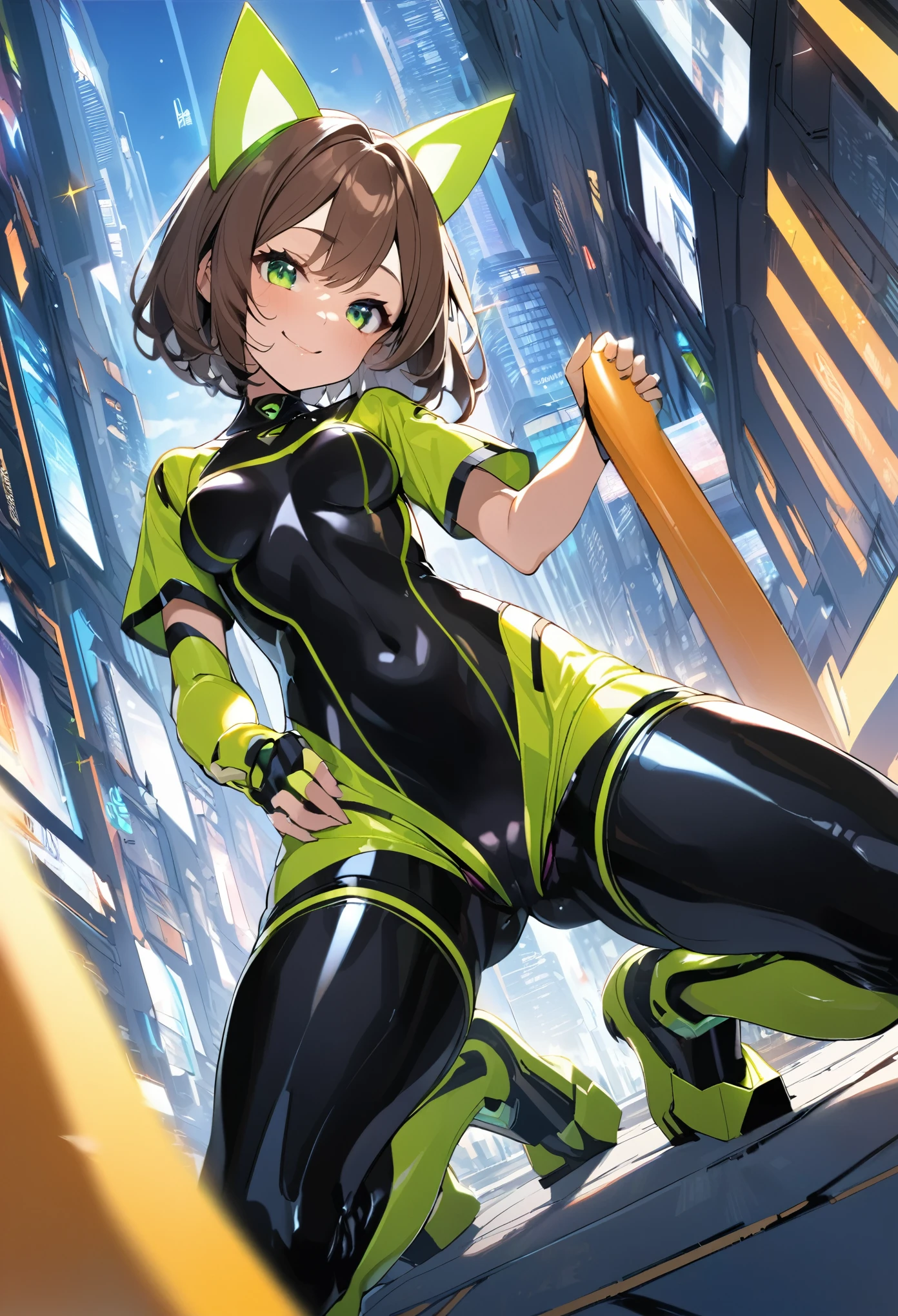 1teen_girl, kneeling with one hands on the ground solo, short hair, brown hair, short sleeves, (latex_bodysuit), robot ears, green eyes, short sleeves, short over long sleeves, bare_thighs,smile, in futuristic city, , high quality, medium_breasts,crotch, slouch,groin,dynamic_angle,open_legs,