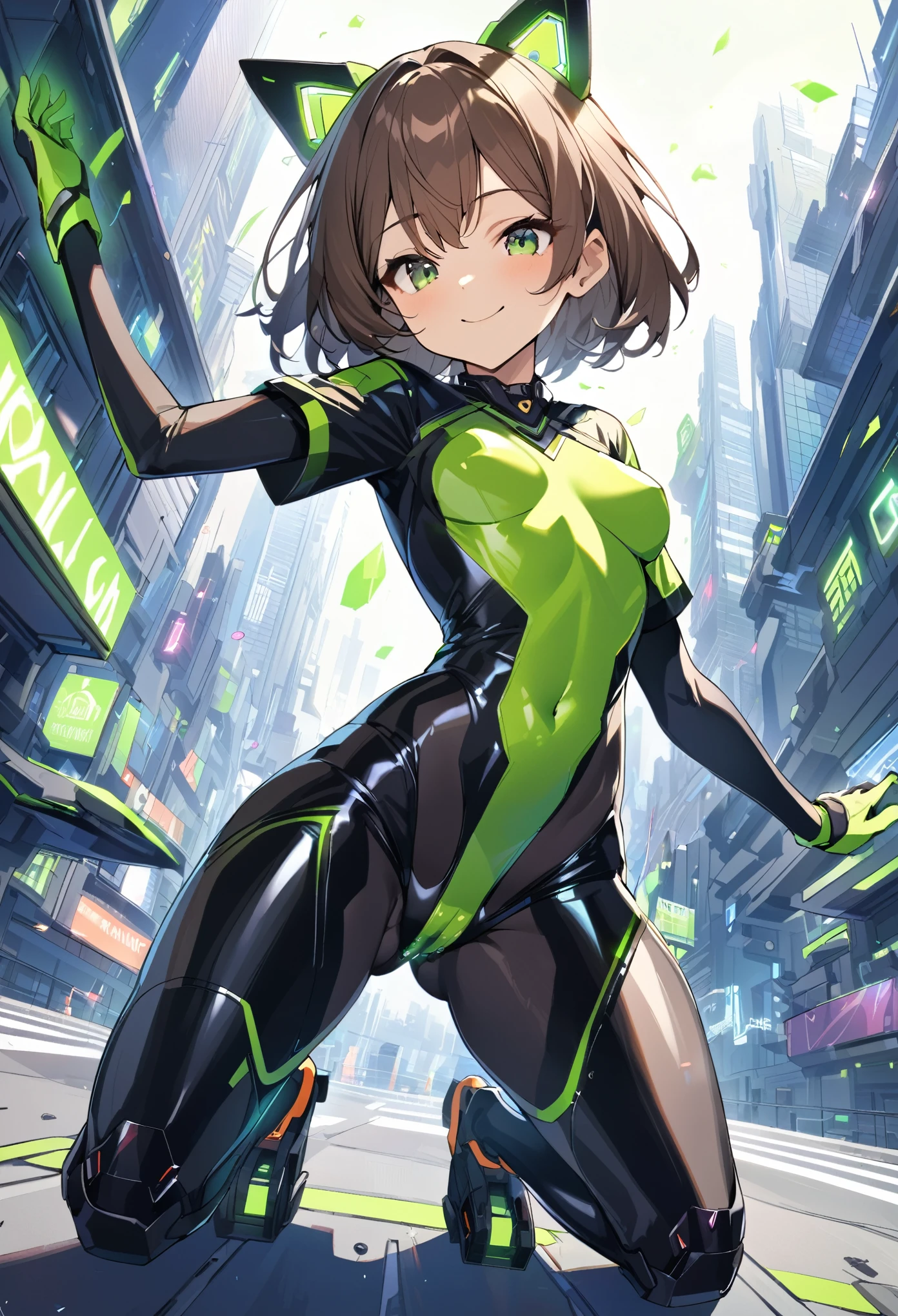 1teen_girl, kneeling with one hands on the ground  solo, short hair, brown hair, short sleeves, (latex_bodysuit), robot ears, green eyes, short sleeves, short over long sleeves, bare_thighs,smile, in futuristic city, , high quality, medium_breasts,crotch, slouch,groin,dynamic_angle,open_legs,