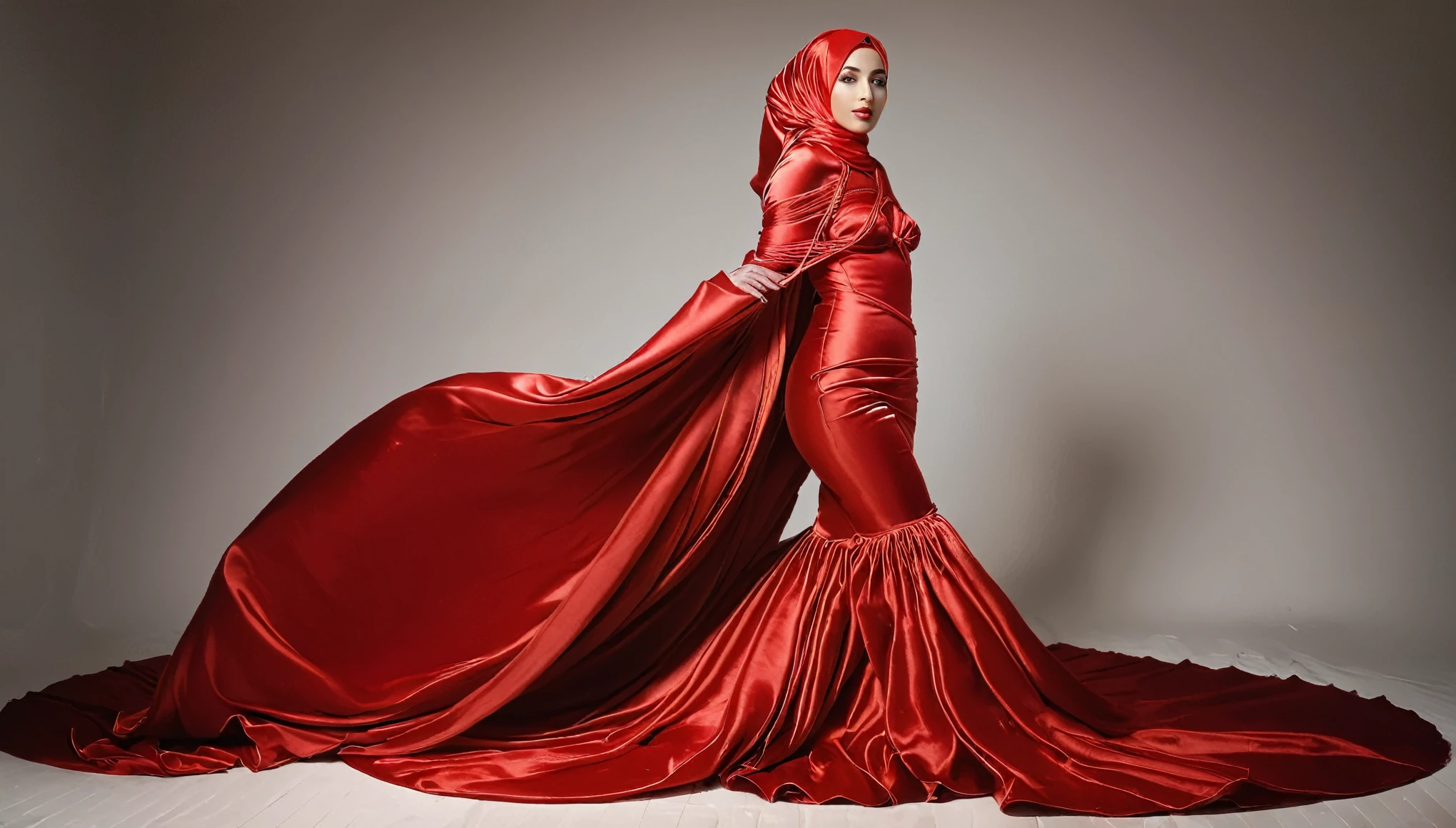A woman shrouded in a 10-meter-long, plush red satin cloth, tightly bound and grandly draping along the form of her body, flowing off into a pooled floor-length train, styled in a mermaid-inspired outfit, her head modestly veiled in a satin hijab, tall woman, walking in photo studio, a full-body pose posing in front of people, captured in a 4k resolution, ultra-realistic