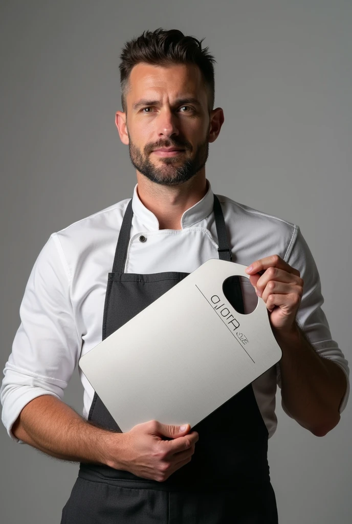 a man hold his hand a stainless steel cutting board and this cutting board printed a logo "Jompes".