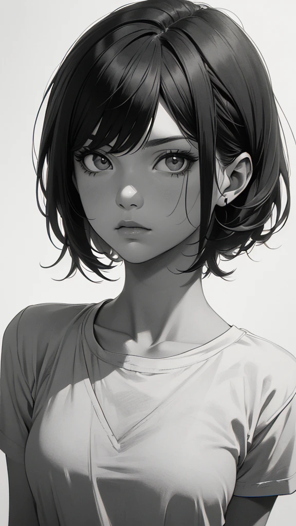 1 boyish girl, solo, sharp eyes, monochrome, greyscale, short black hair, portrait, white T-shirt, closed mouth, looking at viewer, graphite \(medium\), detailed lips, hatching \(texture\), without makeup, bangs, upper body, (best illustration), (best quality), (very detailed), (masterpiece), expressionless,