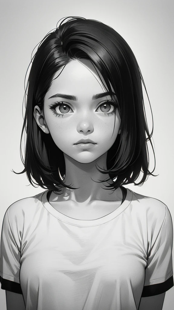 1 boyish girl, solo, sharp eyes, monochrome, greyscale, short black hair, portrait, white T-shirt, closed mouth, looking at viewer, graphite \(medium\), detailed lips, hatching \(texture\), without makeup, bangs, upper body, (best illustration), (best quality), (very detailed), (masterpiece), expressionless,