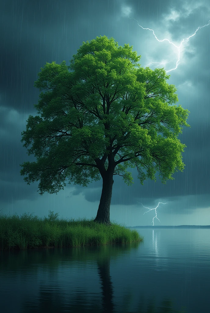 A big tree green beside a lake, give a special vibe , nature photography , raining heavily, thunder, lighting