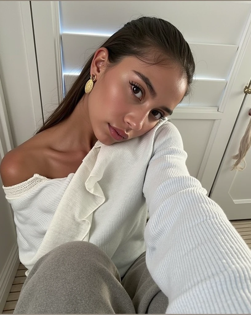 generate: a young woman with short, wavy dark hair, clear, slightly tanned skin, defined eyebrows, almond-shaped medium-sized eyes, and full, well-defined lips. She is wearing a light blue top with a crisscross detail in front. The setting should be neutral with soft lighting.
