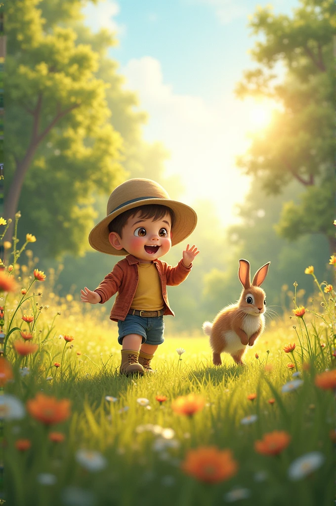 Once upon a time, in a sunny meadow, a curious  named Timmy wandered away from his picnic blanket. He saw a fast rabbit jumping nearby and squealed with joy.