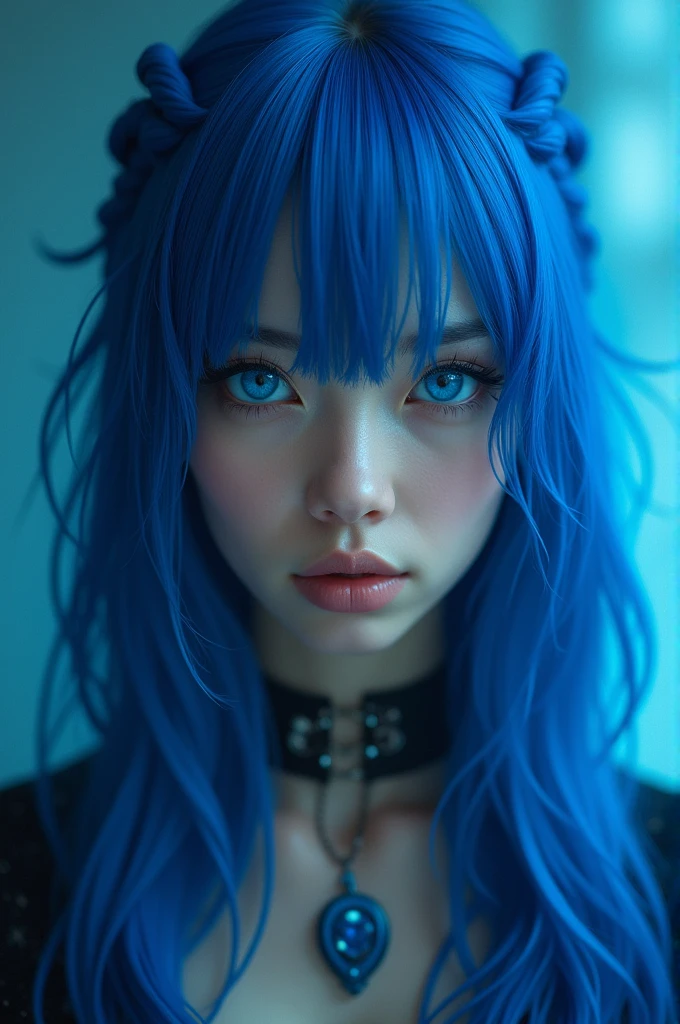 A woman with long hair with bangs, strong blue color, cyan blue eyes, BLUE lock style
