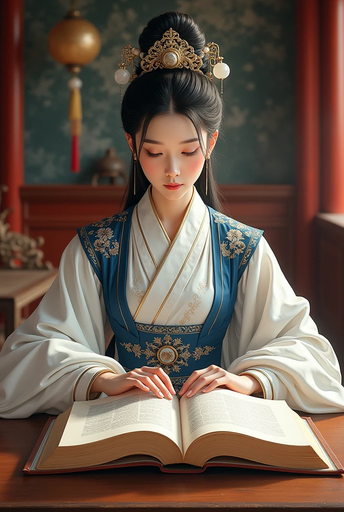 A beautiful young woman with a fierce expression in the white and blue dress of a Han Dynasty official in full regalia sat at a low table, looking at a large book of poetry in a luxuriously decorated residence of a great dynasty.