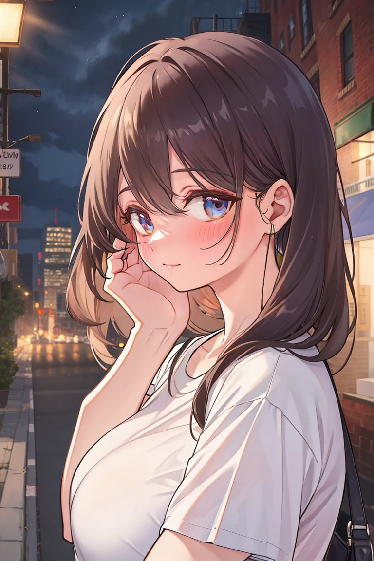 (best quality, high resolution, masterpiece :1.3), A beautiful woman, fit, Dark brown hair, t-shirt, (City streets at night), Highly detailed face and skin textures, Delicate eyes, Double eyelids