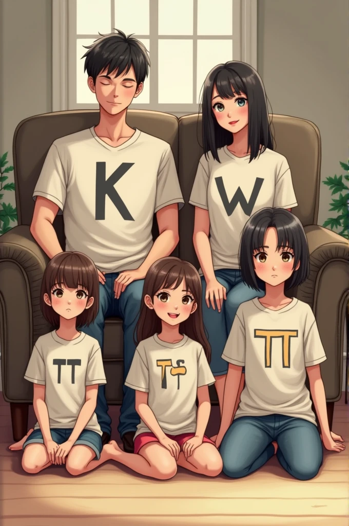 The father sits on a chair wearing a K letter shirt. The mother sits on a chair next to the father wearing a W letter shirt. The first daughter sits on the floor wearing a TM letter shirt. The second daughter sits on the floor in front of the father wearing a TT letter shirt. The third daughter sits on the floor in front of the mother wearing a W letter shirt.