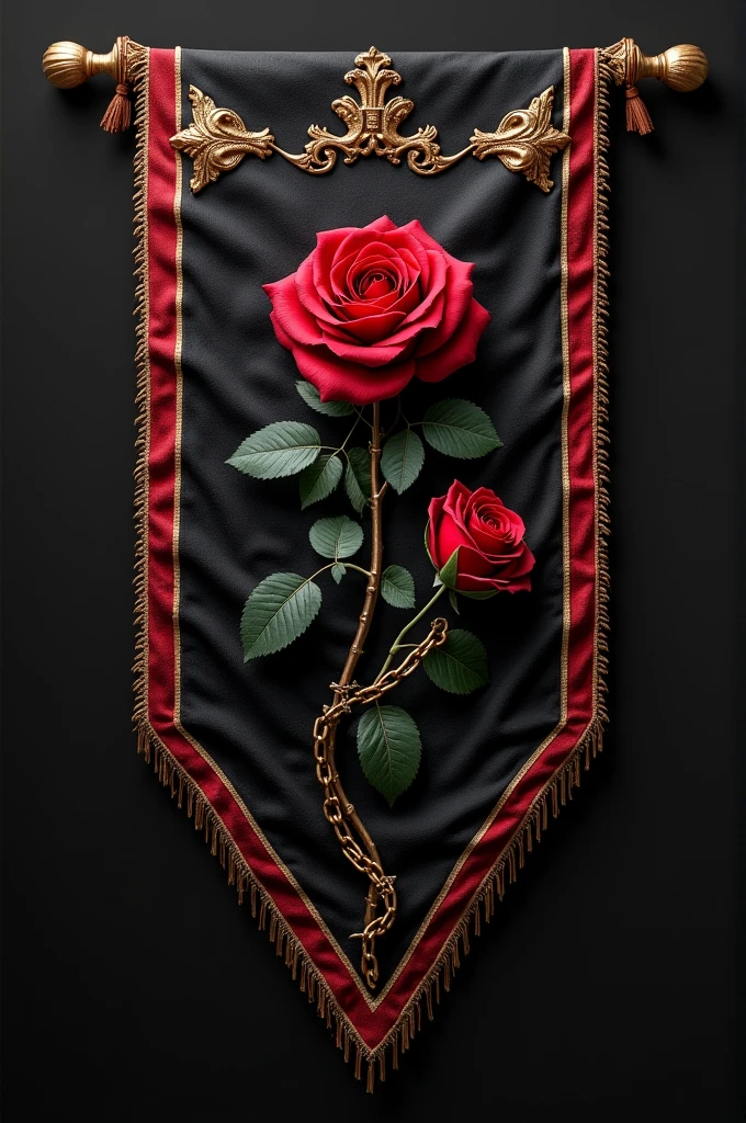 Make me some black medieval pennants, red with gold edges, decorated with 3 roses chained together