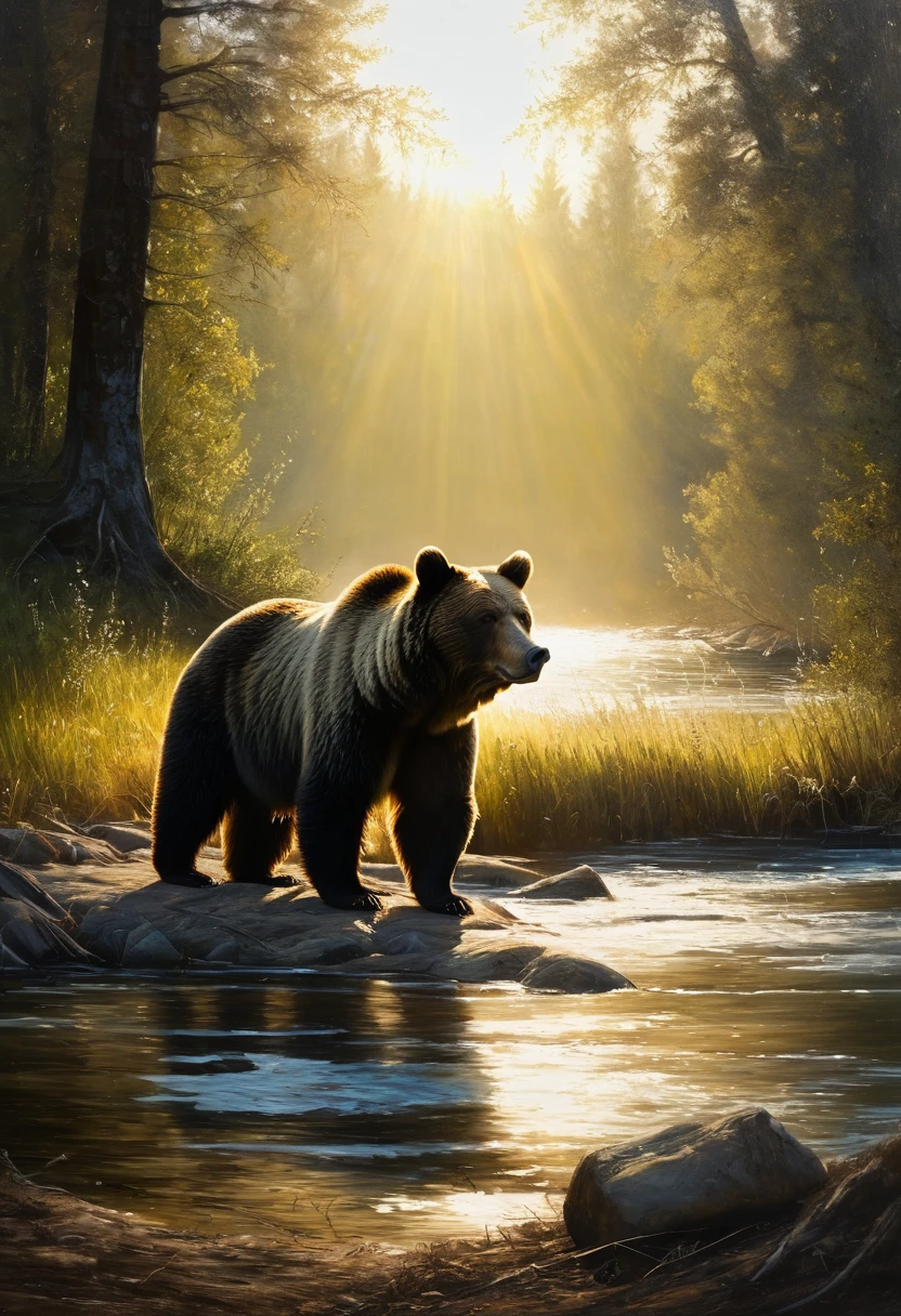 painting of a bear lies in a clearing by the river in the rays of the sun, cinematic scene, volumetric lights, ultra realistic, in the style of nicola samori