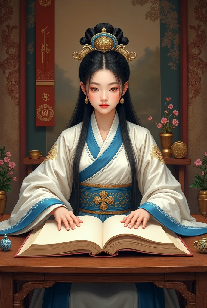 A beautiful young woman with a fierce expression in the white and blue dress of a Han Dynasty official in full regalia sat at a low table, looking at a large book of poetry in a luxuriously decorated residence of a great dynasty.