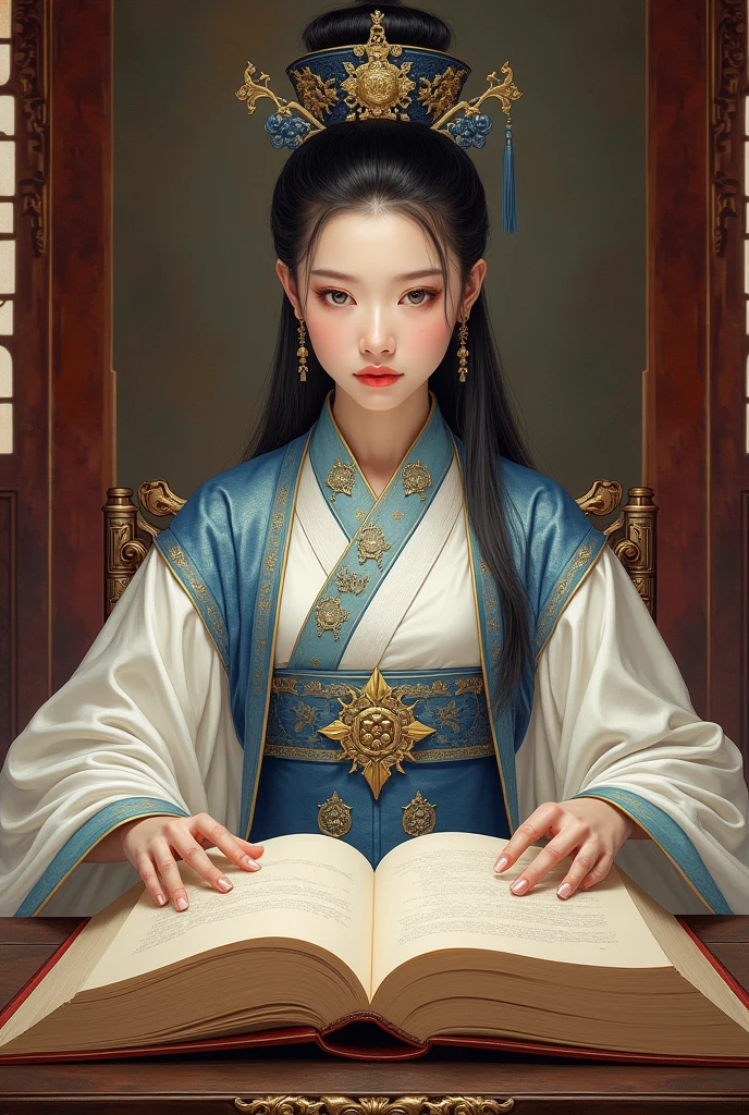 A beautiful young woman with a fierce expression in the white and blue dress of a Han Dynasty official in full regalia sat at a low table, looking at a large book of poetry in a luxuriously decorated residence of a great dynasty.