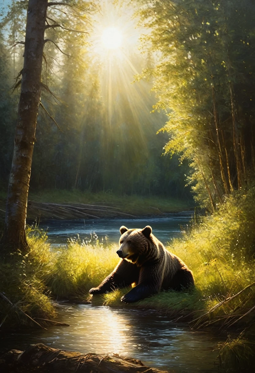 painting of a bear lies in a clearing by the river in the rays of the sun, cinematic scene, volumetric lights, ultra realistic, in the style of nicola samori