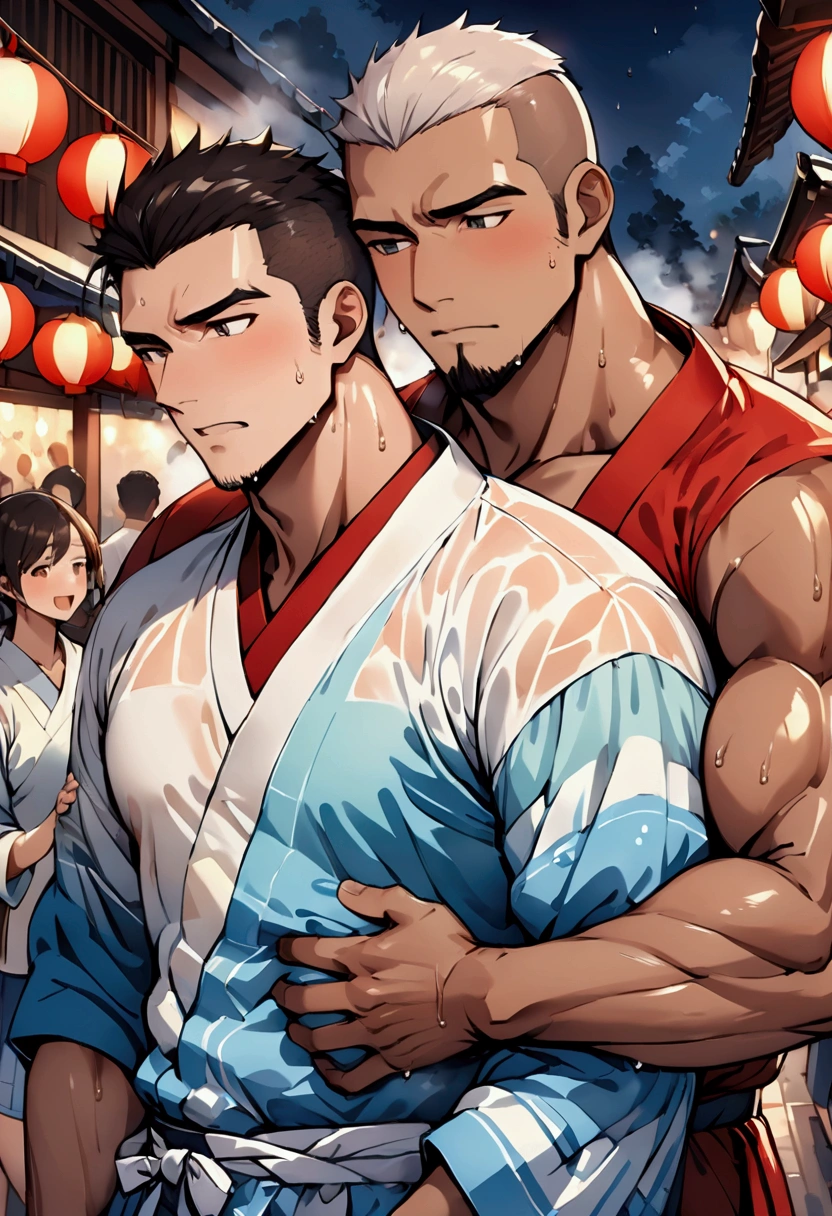 Highest quality、(muscular male:1.5)、(father:0.5)、guy、Shaved head、Brown skin、Short Hair、Sports haircut、short hair、 hug from behind 、grabbing another’s chest、(sweat:1.4)、(steam:1.2)、kimono、Kyoto