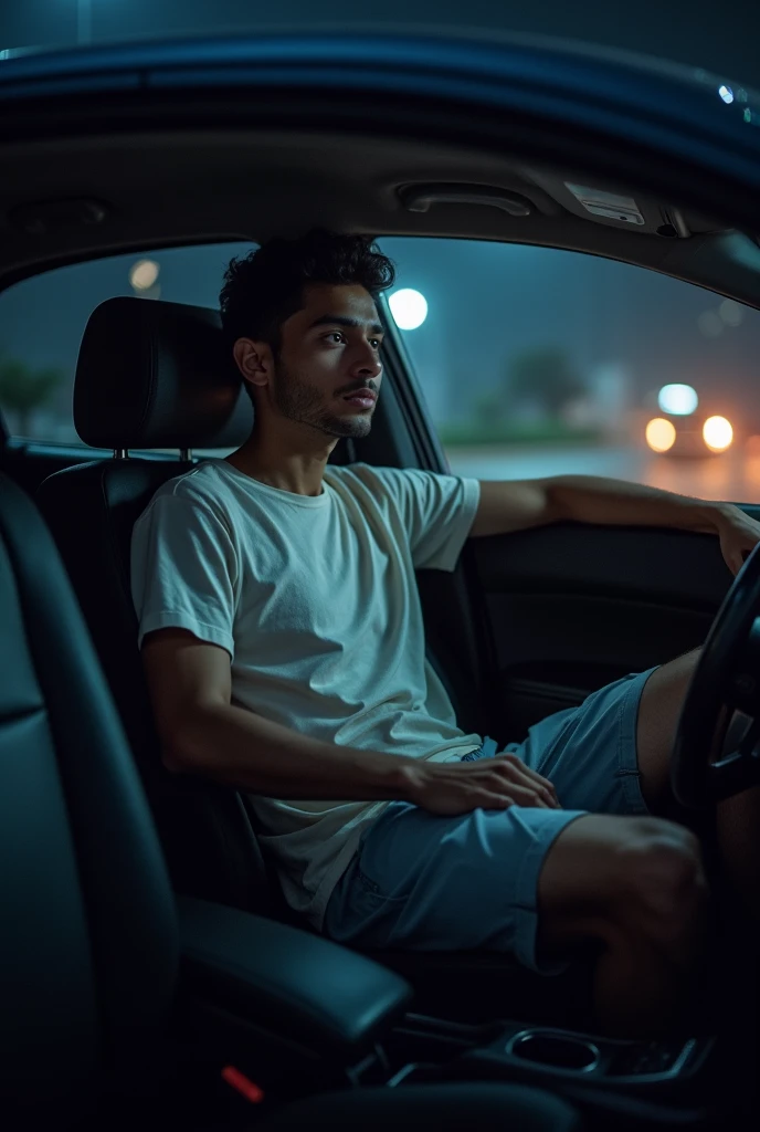 Indian 20 year old boy wears tshirt and shorts sitting on back seat of the car, at night