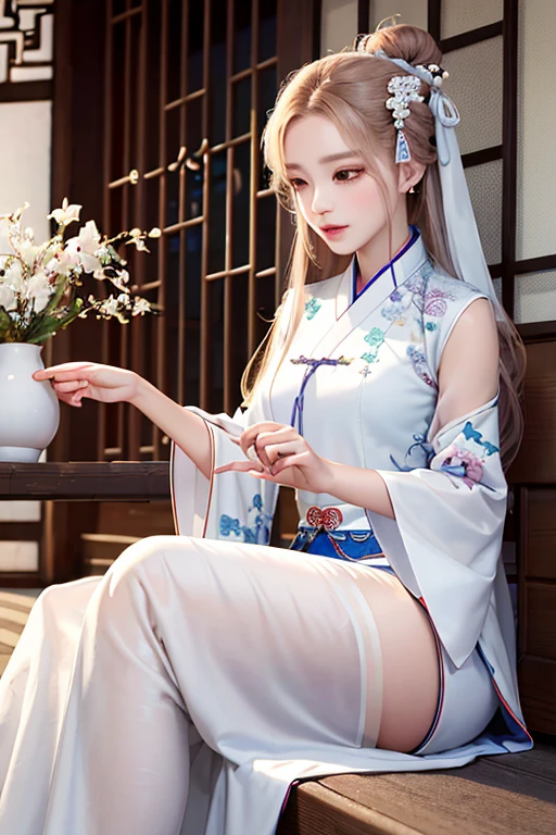 A woman in a white dress is sitting on the floor,White Hanfu,palace,Girl wearing Hanfu,Hanfu,Dressed in ancient Chinese costumes,Gurwitz,Ethereal Beauty,Guttweiz-style artwork,Beautiful fantasy queen,Chinese traditional clothing,Chinese clothing,Chinese traditional,Light milky white porcelain skin,Ordinary girl's bare feet and hands,Show your butt