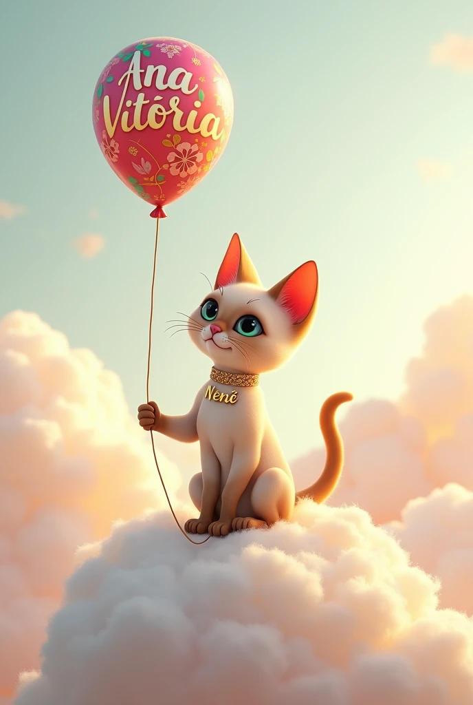 Cute Siamese cat with yellow ear tips ,with a collar that says Nenê, on leash , sitting on a fluffy white cloud ,holding a balloon with the name Ana Vitória ,in luxury letters 