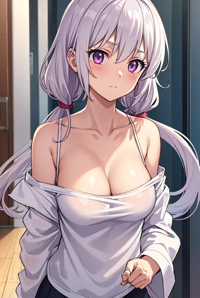 ((Tilt your body forward)), (Place your hands on your hips pose), ((Pose with emphasis on the chest)),(She was very embarrassed and blushed).(A bright red face that was very excited with shame),,(blush),(Broad white and thin shirt with chest), (A white and thin shirt with a wide open chest), (Oversized thin white t-shirts), ,(loose t-shirt),(oversized shirt), (shirt), (off shoulder), No bra, braless, downblouse, leaning forward, bright_skin, beautiful eyes, She reached a sexual climax, oversized shirt, shirt, off shoulder, loose t-shirt, leaning forward, oversized shirt, shirt, (off shoulder), cleavage, outdoors,1girl,solo, leaning forward, collarbone,
chris yukine,yukine_chris, long hair, low twintails, purple eyes, silver hair, face, , cute face,