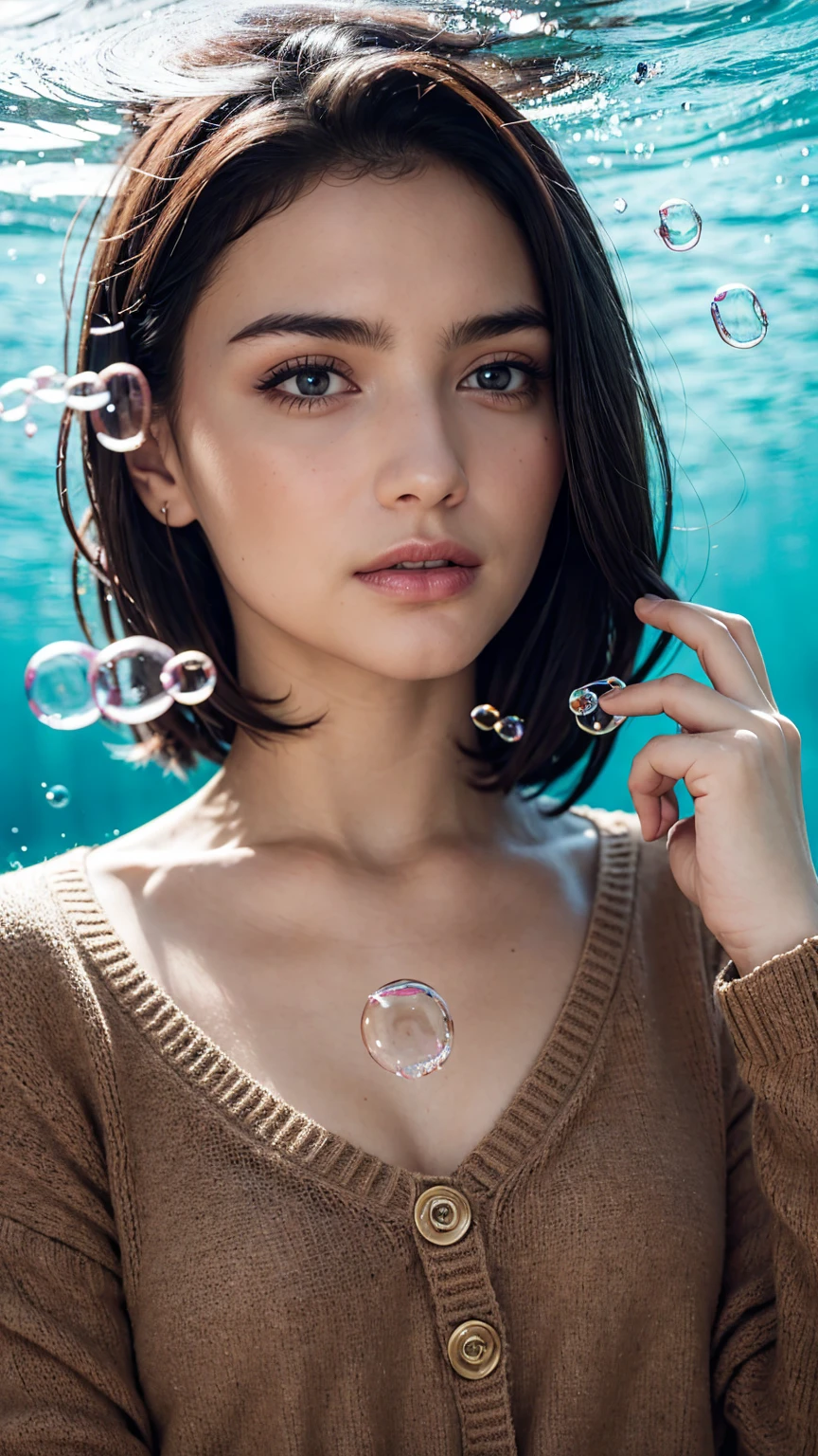 1girl, solo, looking at viewer, short hair, blue eyes, brown hair, black hair, collarbones, parted lips, water, lips, white sweater, sunlight, bubbles, underwater, ((small bubbles)), red balloons, high quality, 8k, hyperrealistic, cinematic lighting, photorealistic, masterpiece, exquisite details, intricate details, vibrant colors, natural skin tones, beautiful portrait, elegant pose, translucent water, floating bubbles, striking atmosphere, dreamlike ambience