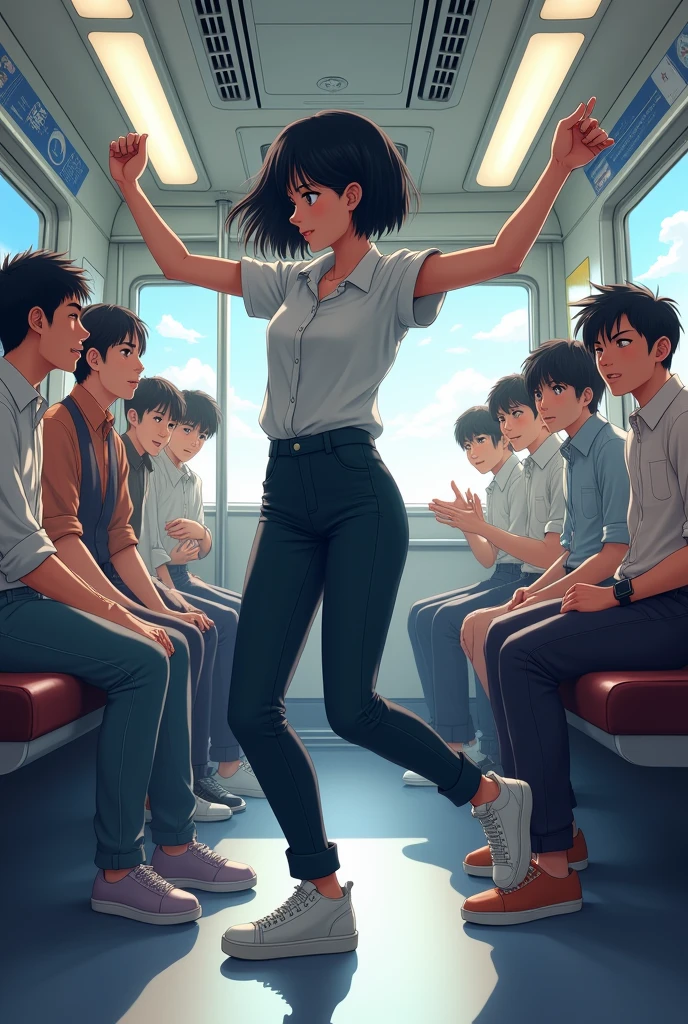 Anime girl with short black hair and clothes similar to boys at the age of 18 dancing on the train and flipping and there is a music machine next to her and there are young men on. The chairs are amazed by her movements.