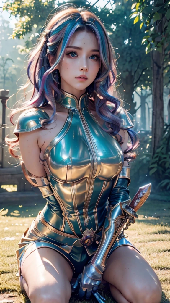 best quality, masterpiece, dappled sunlight, mushrooms, UltraM40k, 1girl, colorful power armor, short intricate hair, weapon, sword, higher resolution textures, 4k graphic resolution, dimly lit, high detailed shading, video games, holding sword, Mycelia, (rainbow colored hair), candy hairclip, green eyes, freckles, kneeling, sharp image