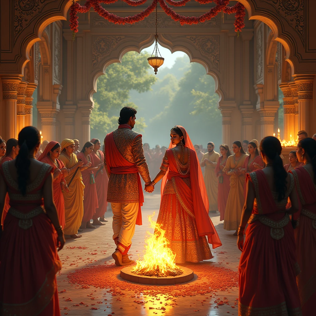 A rajput warrior and a female rajput warrior Both are getting married according to Hindu tradition after taking seven rounds of fire. Hindu tradition marriage