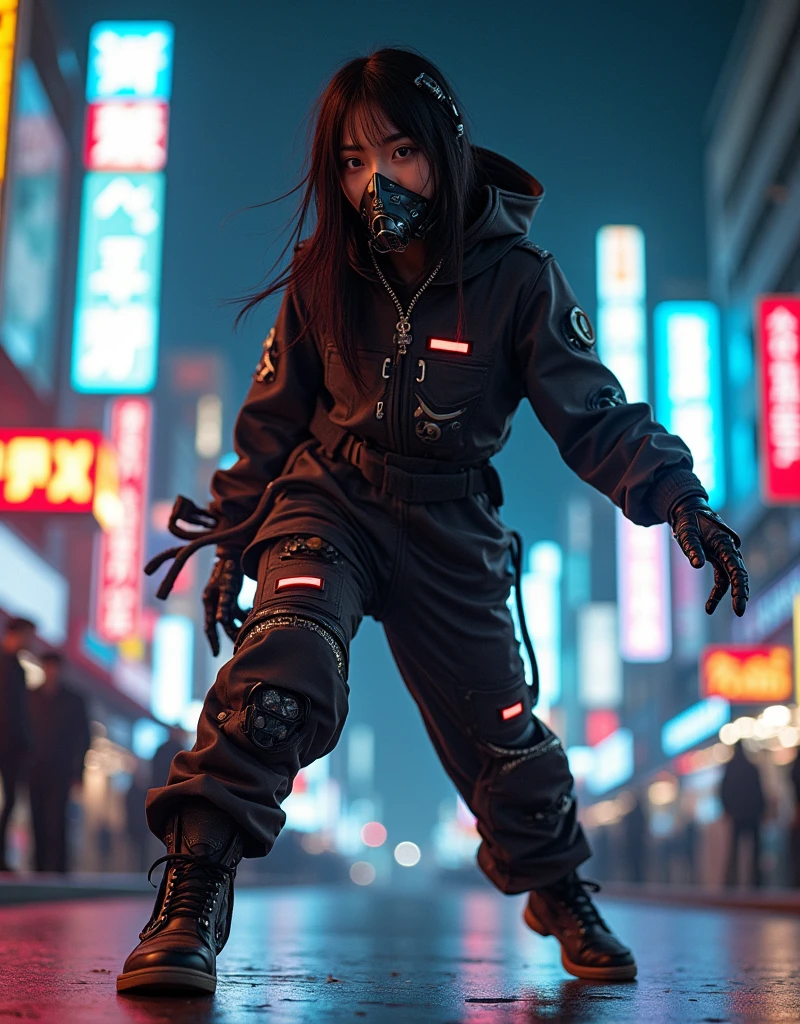 photo-realistic, dramatic scene, cinematic scene, masterpiece, (extremely beautiful Japanese boyish girl but cyborg), professional dancer but cyborg, face focus, acrobatic pose, dynamic angle, breakdancing at street at night, cyber punk downtown with neon, her brilliant fantastic dance techniques, professional light, stage light, spot light, (extremely intricated with extremely complex cyber punk mecha armored full-face gas mask:1.5), (wearing the absolute strongest cyber punk mecha-suits with bright neon marker:1.5),