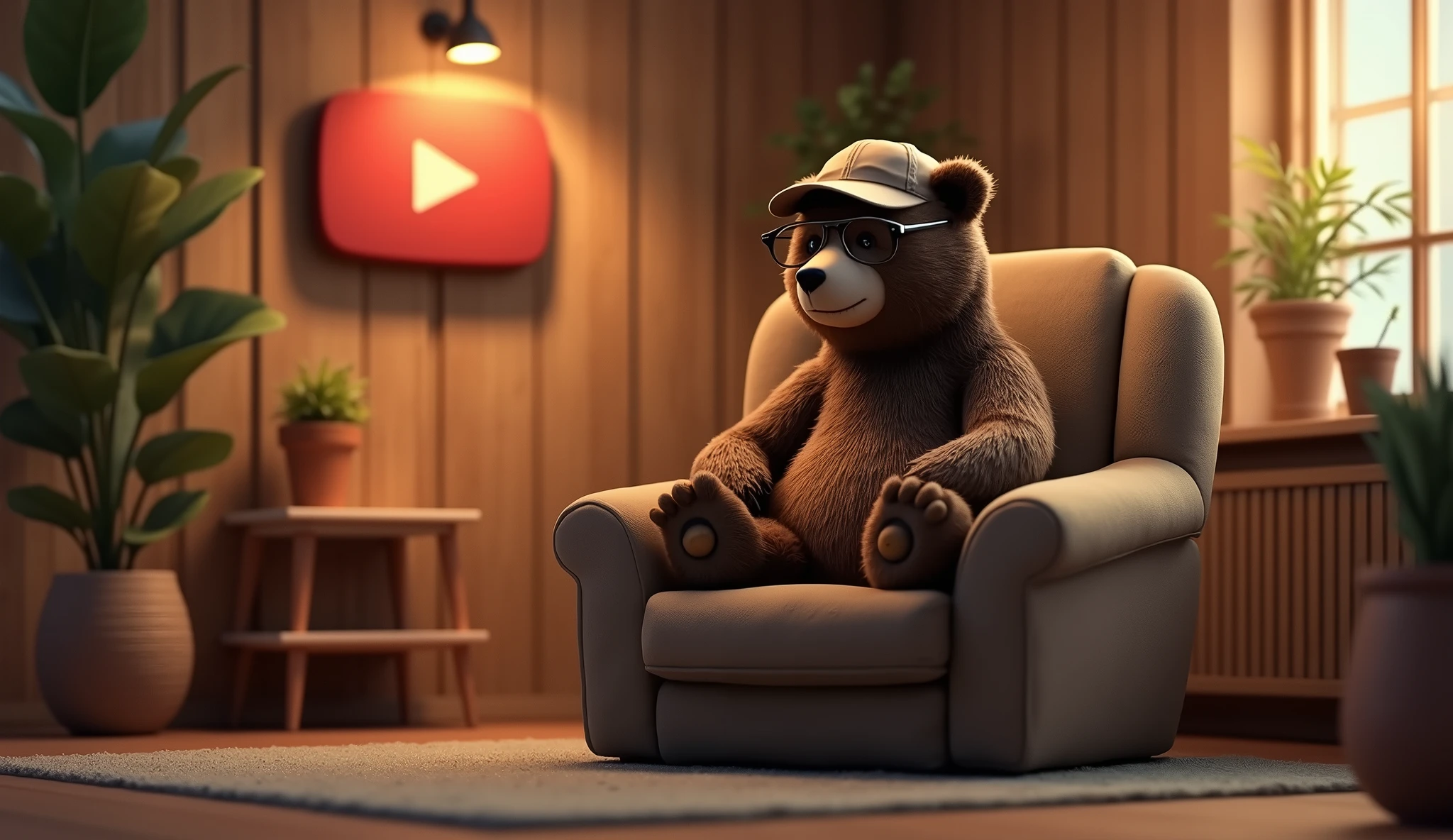 

"A cozy room with warm, soft lighting and wooden walls. A bear is sitting comfortably in a chair, wearing a cap on its head and glasses. Behind the bear, a YouTube Play Button award is hung up on the wall. The bear has a calm and thoughtful expression, creating a blend of modern and rustic elements in the inviting atmosphere of the room."