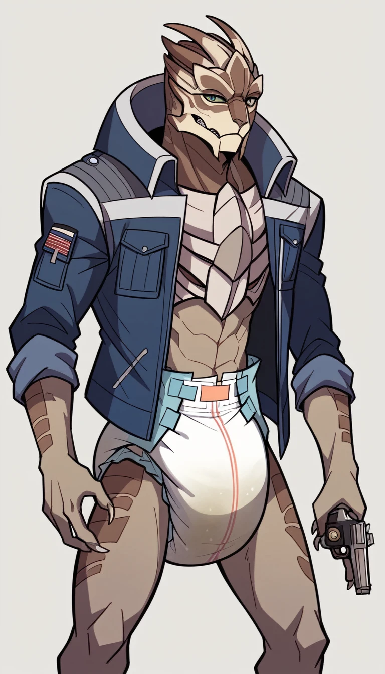 1 person、(((Male Turian in a dirty baby diaper)))、garrus vakarian、mass effect、masterpiece、Highest quality、Dirty diaper、wilderness、evening、Sharp Eye、Gunman、Jacket、western、Holding a revolver、Grey body、Magazine cover style