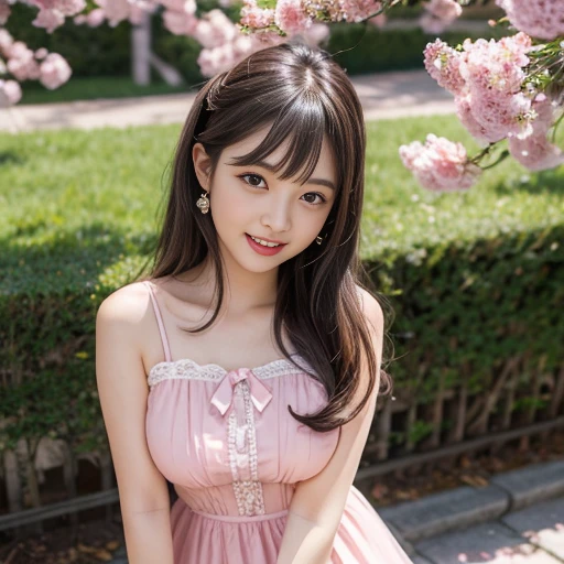 laughing out loud，travel scenery photos，knee shot, Close-up of a girl wearing a pink dress with a bow, 洛可可式dress, romantic dress, dress, cute dress, 洛可可荷葉邊dress, lolita style, Rococo style clothing, Lolita stylish, voile dress, 2263539546], pink skirt, beautiful clothes!, sha xi, Feminine girly dress，1 female, On the face, light brown hair, blunt bangs, hair behind ears, Shoulder-length hair, long hair, Slender body type, 超face slimming型, face slimming, delicate lips, beautiful eyes, Thin blush, Eyes are light brown,View here, (actual:1.3), One person's perspective, 8k, Super detailed, high quality, best quality, High resolution，2,above knee shot，Breast protrusion，Full breasts