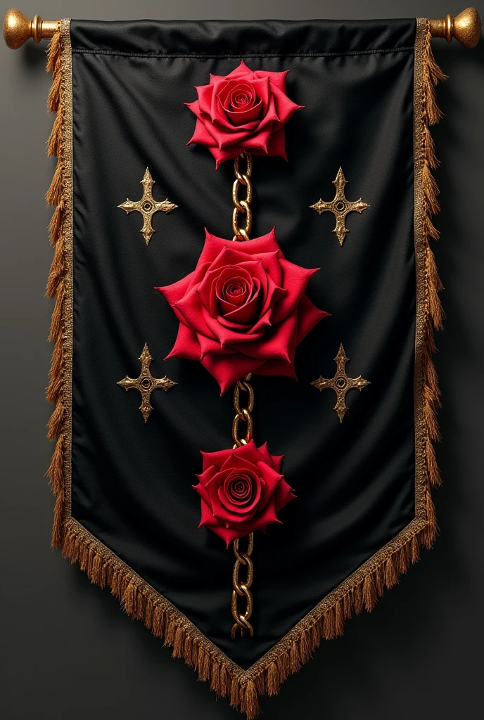 Make me some black medieval pennants, red with gold edges, decorated with 3 roses chained together