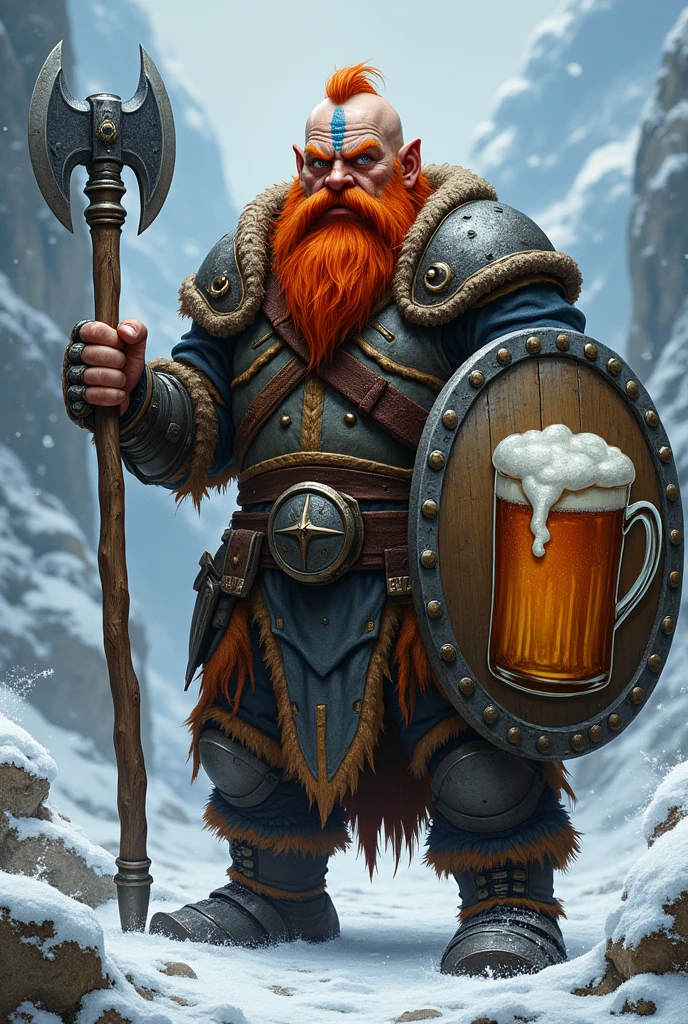 masterpiece, detailed, realistic full body shot
dwarf, warrior and leader
, Wild Red Hair and Beard
Blue eyes
Large, hawk-like nose, broken several times; large scar from forehead to jaw
Mighty axe in one hand and sturdy shield with an pictur of a foaming beer mug in the other hand
Helmet, Breastplate, Bracers, Greaves,
Rough and stubborn, in a snowy mountain ,sharp background
