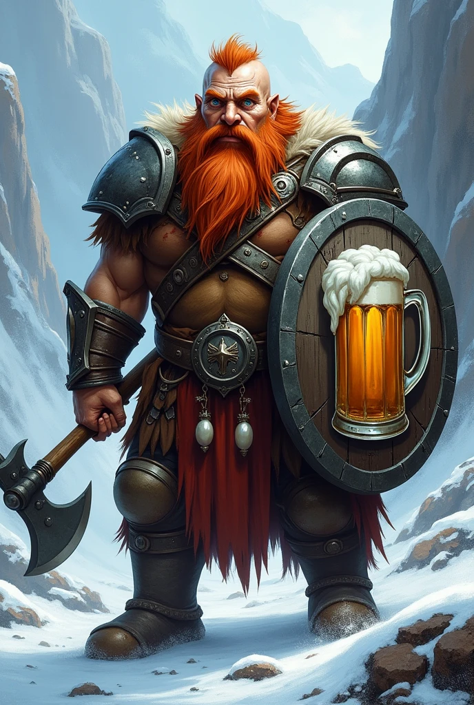 masterpiece, detailed, realistic full body shot
dwarf, warrior and leader
, Wild Red Hair and Beard
Blue eyes
Large, hawk-like nose, broken several times; large scar from forehead to jaw
Mighty axe in one hand and sturdy shield with an pictur of a foaming beer mug in the other hand
Helmet, Breastplate, Bracers, Greaves,
Rough and stubborn, in a snowy mountain ,sharp background