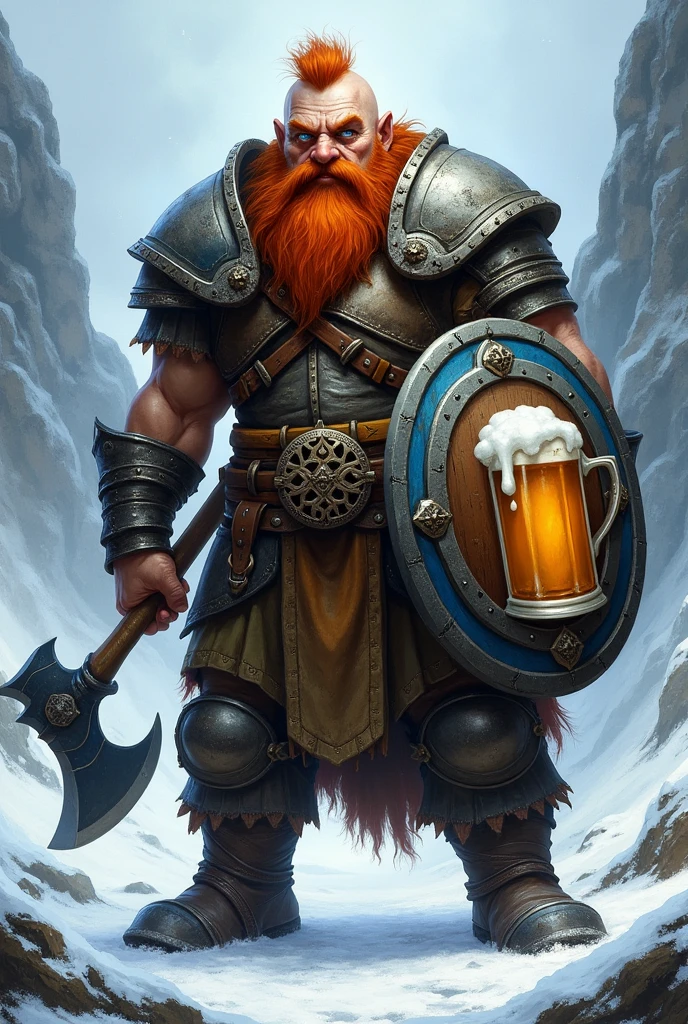 masterpiece, detailed, realistic full body shot
dwarf, warrior and leader
, Wild Red Hair and Beard
Blue eyes
Large, hawk-like nose, broken several times; large scar from forehead to jaw
Mighty axe in one hand and sturdy shield with an pictur of a foaming beer mug in the other hand
Helmet, Breastplate, Bracers, Greaves,
Rough and stubborn, in a snowy mountain ,sharp background