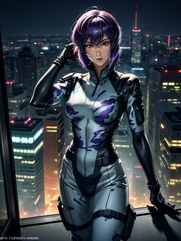 Ghost in the Shell, Motoko Kusanagi, Purple short bob cut, Hair between the eyes, Slightly asymmetrical bangs, ((Optical Camouflage Suit, Optical camouflage suit from the neck down)), Jump up into the sky, view From above, The background is Tokyo's buildings at night, Reflective and shiny, ((Night Scenery)), Lots of window lights, Glitching, ((masterpiece, best quality, high resolution)) 