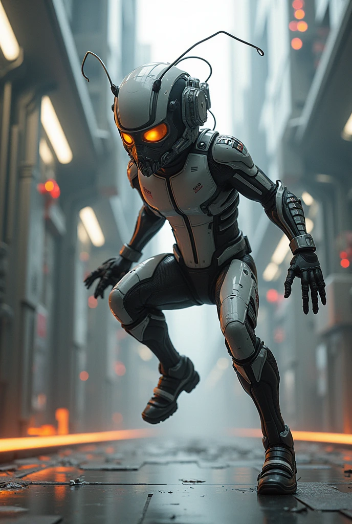 Ant white super shute with different types of weapon in shute his name is ant man with leg
