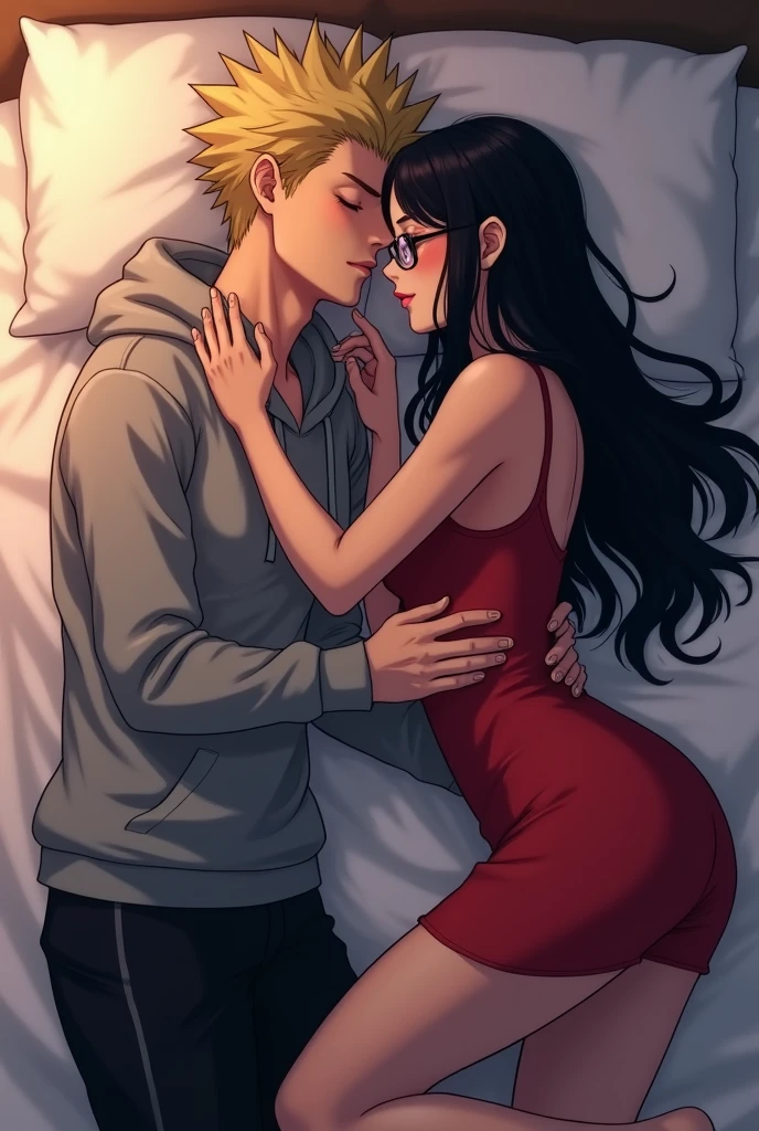 Bakugou from mha wearing a grey hoodie and a black sweatpants, and has blonde spikey hair. and a girl with very long jet black hair, with glasses, wearing a red long see through dress. laying in bed together while bakugou's face in pressed up against her neck as they sleep. 