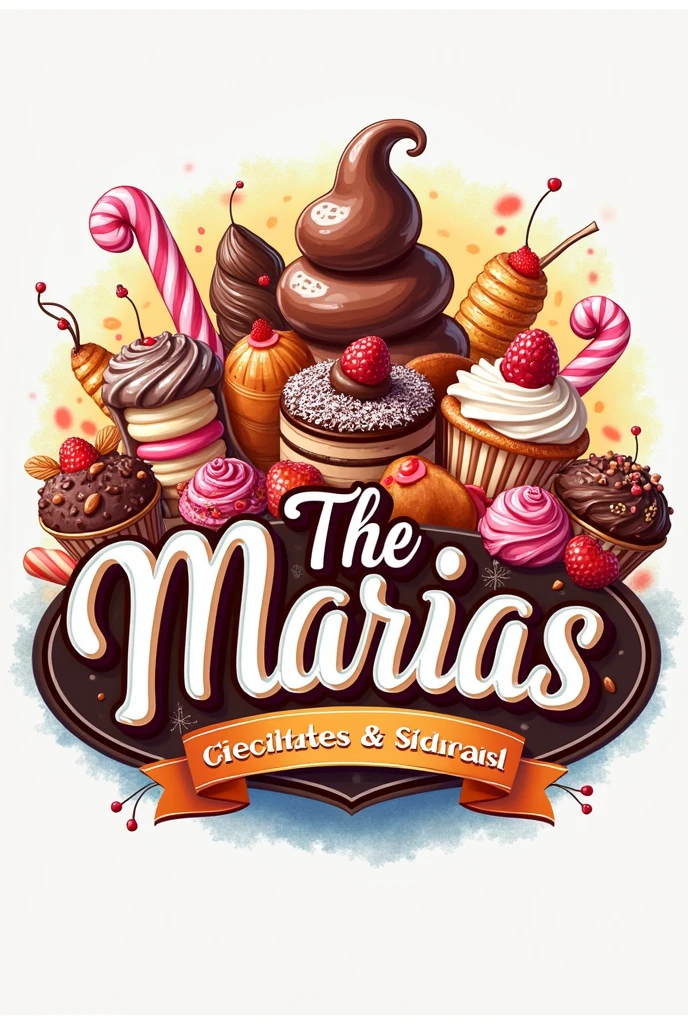 Make me a logo that looks very colorful with candy, chocolates things from bakeries with this word "The Marias with sweet shops"
