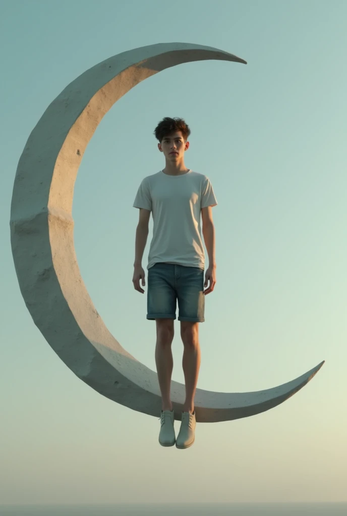 A boy hanging in air realistic approach like human made a teeneger in shape of half moon