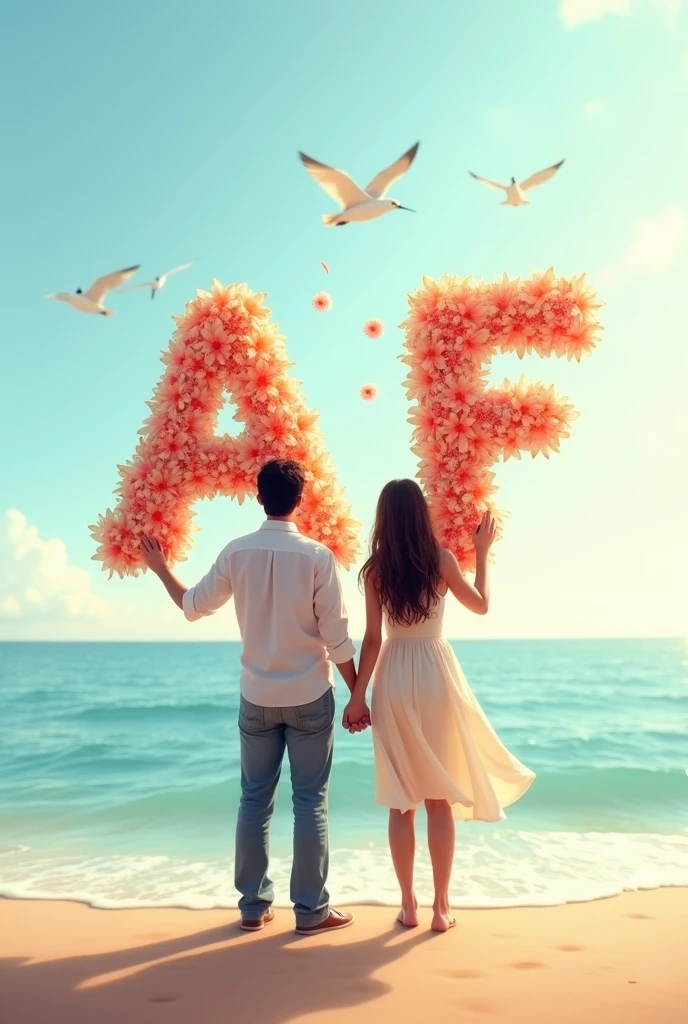 couple holding letter a and f at their shoulder written by flower at beach show only their back and birds