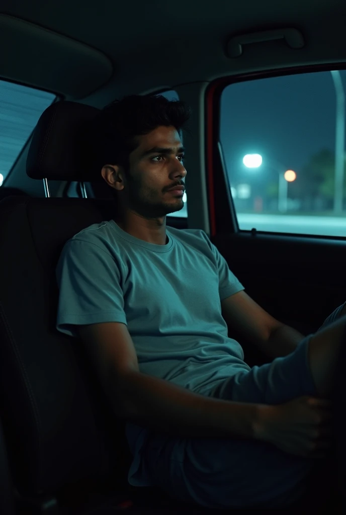 Indian 20 year old boy wears tshirt and shorts sitting on back seat of the car, at night, back seat of the car
