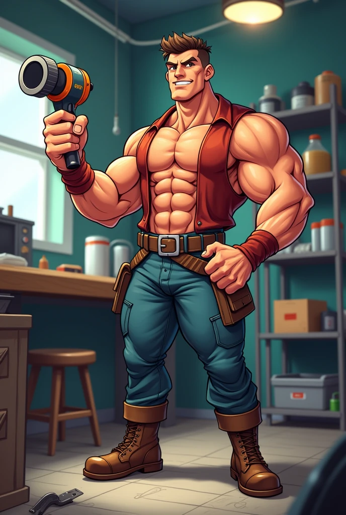 Cartoon of a muscular man and a polisher in his hand