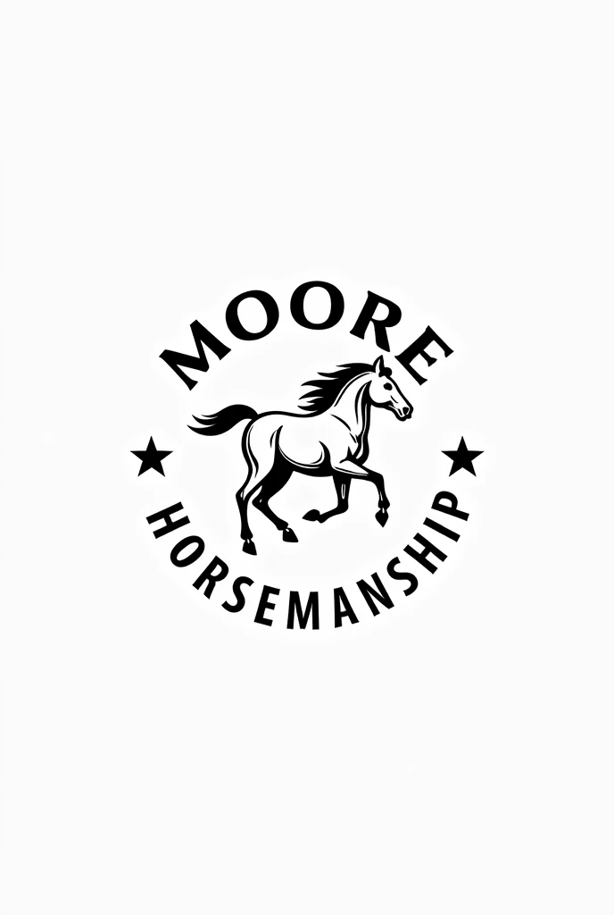 "Create a circular logo for 'Moore Horsemanship,' inspired by a classic equestrian theme. The central image should be a dynamic, stylized drawing of a galloping horse, similar to the one in the provided reference. The horse should have a sense of motion and energy, with flowing mane and tail. Surround the horse image with a circular border. At the top of the circle, place the word 'MOORE' in bold, uppercase letters, following the curve of the circle. At the bottom, include the word 'Horsemanship' in a slightly smaller, but equally bold, uppercase font. Add star symbols on either side of the circle to balance the design. Use a monochrome color palette of black and grey to maintain a classic, professional look."