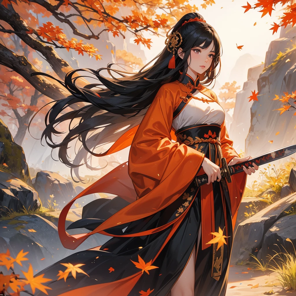 A beautiful woman black-haired female general holding a large sword in ancient Chinese general costume, walking In the middle of a spring mountain ,the backdrop is a mountain that turns orange-red in spring, and maple leaves fall from the trees.